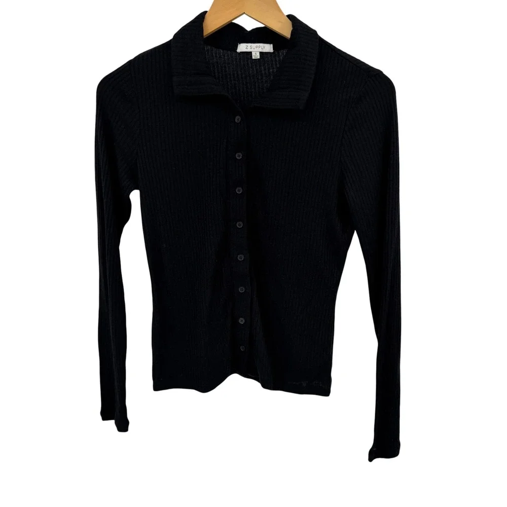 Z Supply Cardigan Women S Black Ribbed Button Front Collared Long Sleeve Light